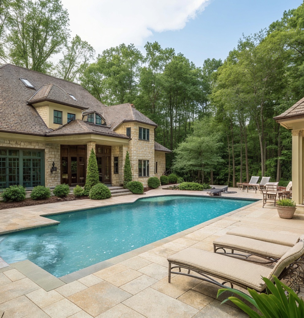 A remodeled backyard pool with new travertine decking at a stone home